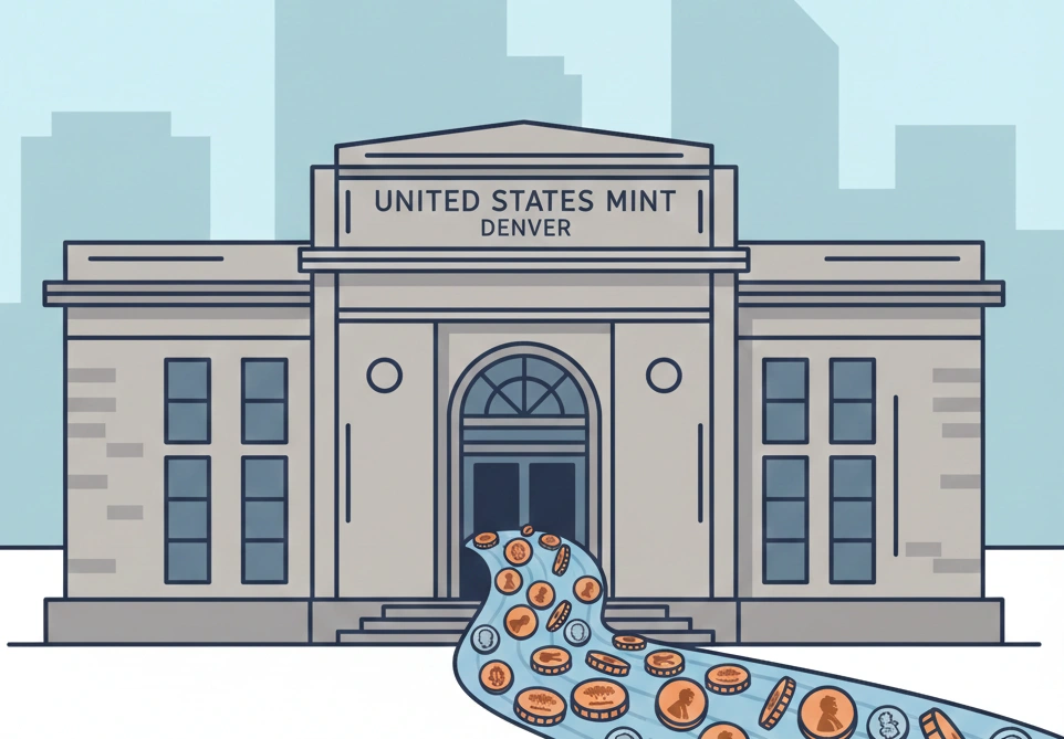 Denver Mint building with coins flowing out symbolically