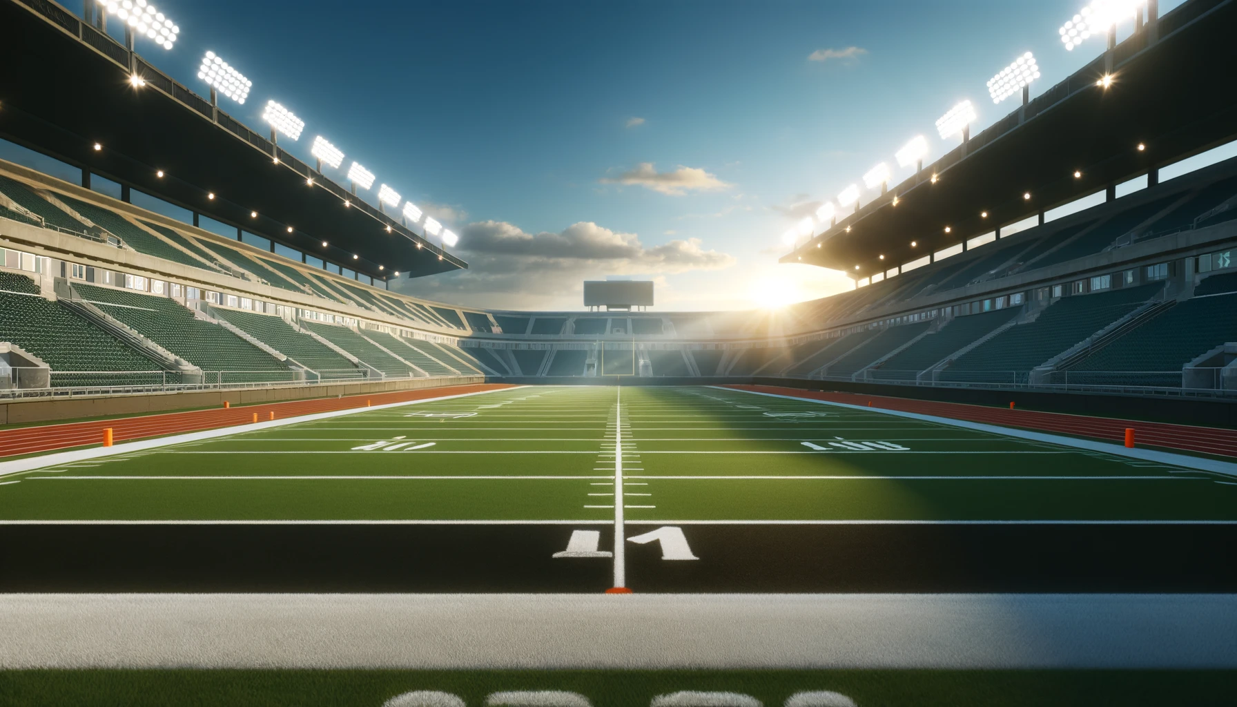expansive, sunlit sports field with clear boundary markings, flanked by empty spectator stands and bright stadium lights, under a partly cloudy sky.