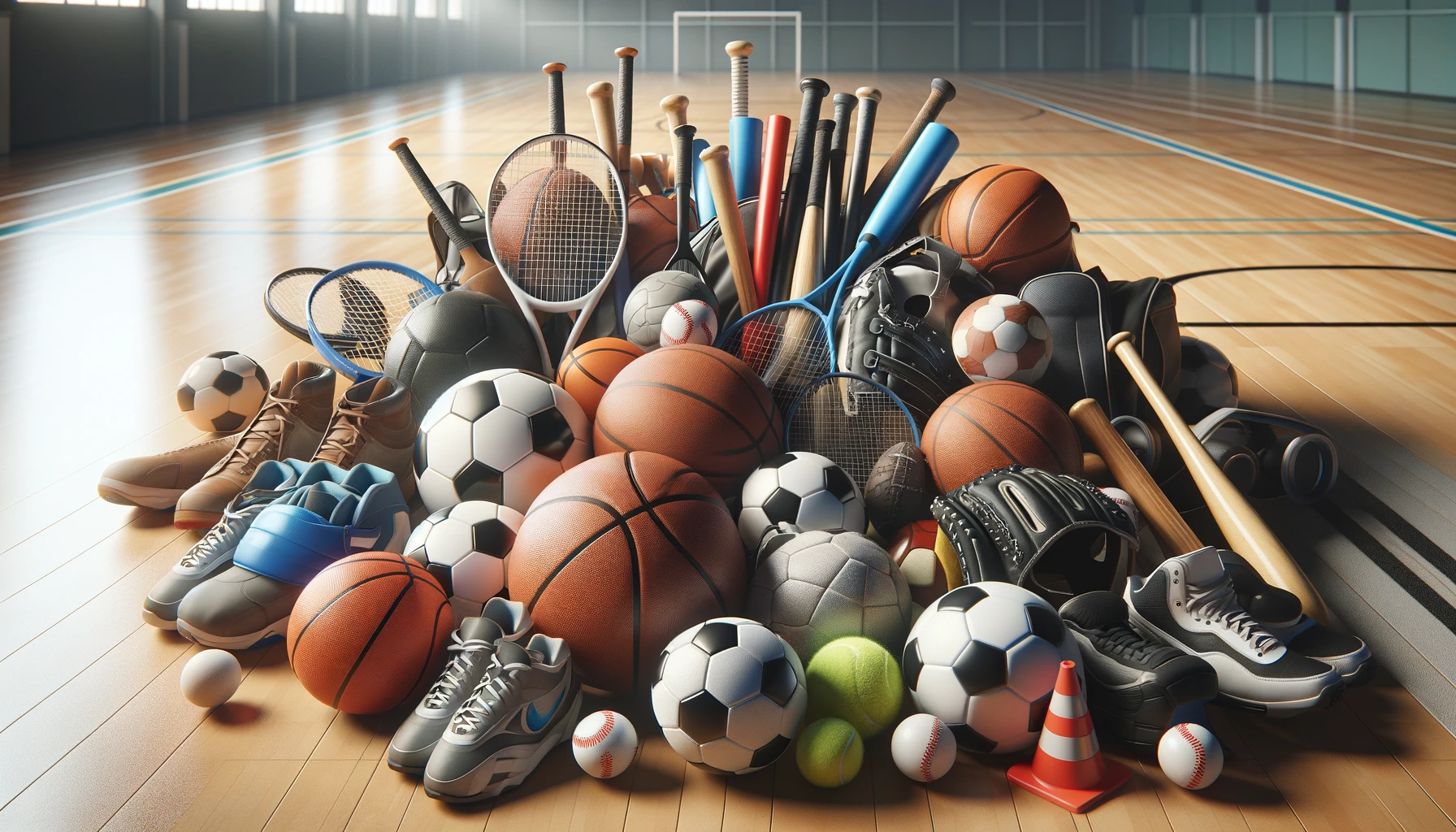 a collection of assorted sports equipment, including balls from various games, rackets, bats, shoes, and other gear, spread out on a wooden gym floor.