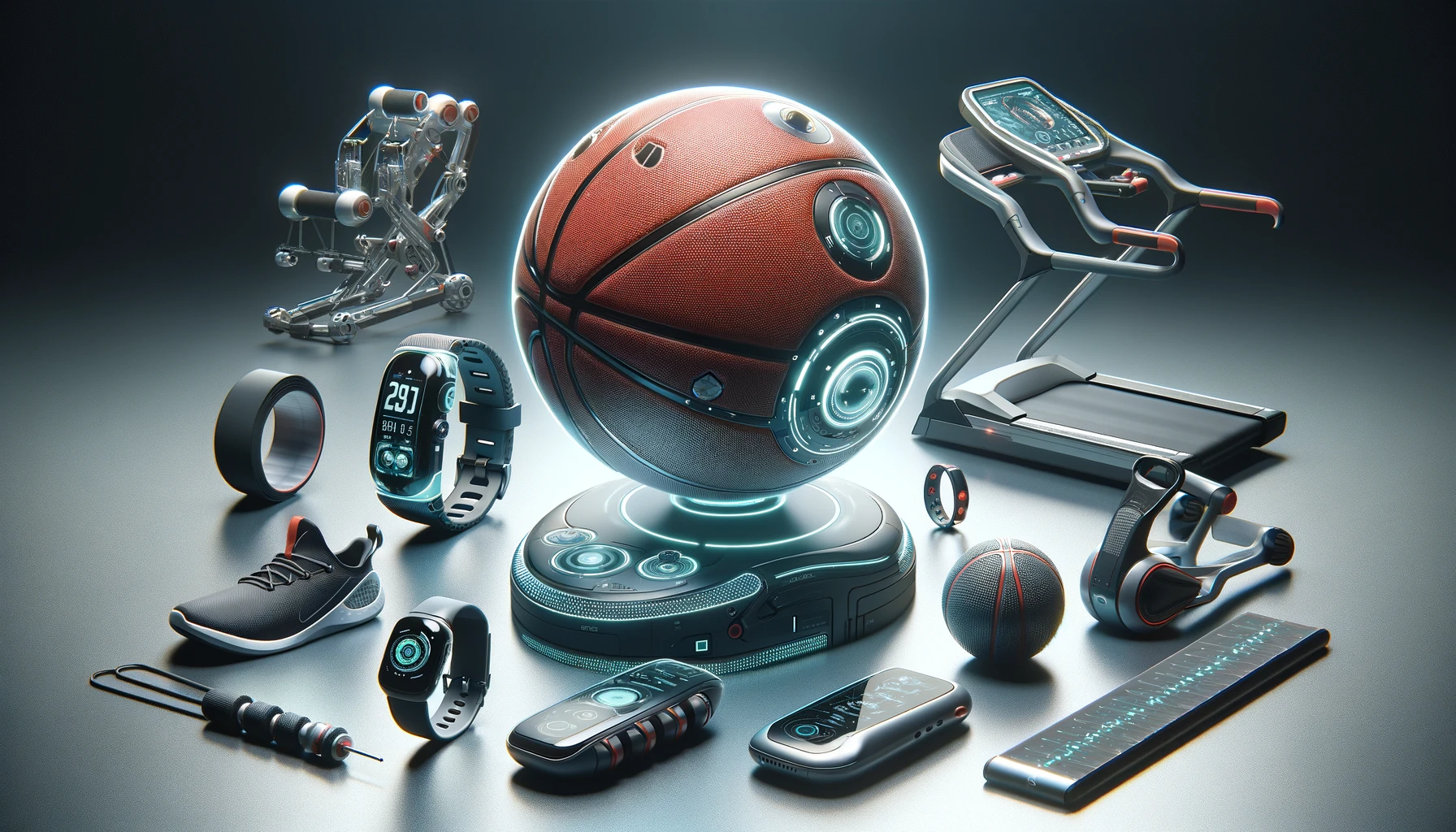 futuristic sports equipment, including a basketball, wearable fitness devices, and advanced exercise machinery.