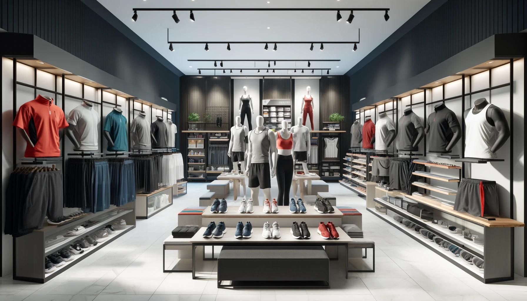 a chic and modern sports goods store with well-lit shelves that display an assortment of neatly arranged innovative sportswear and shoes.