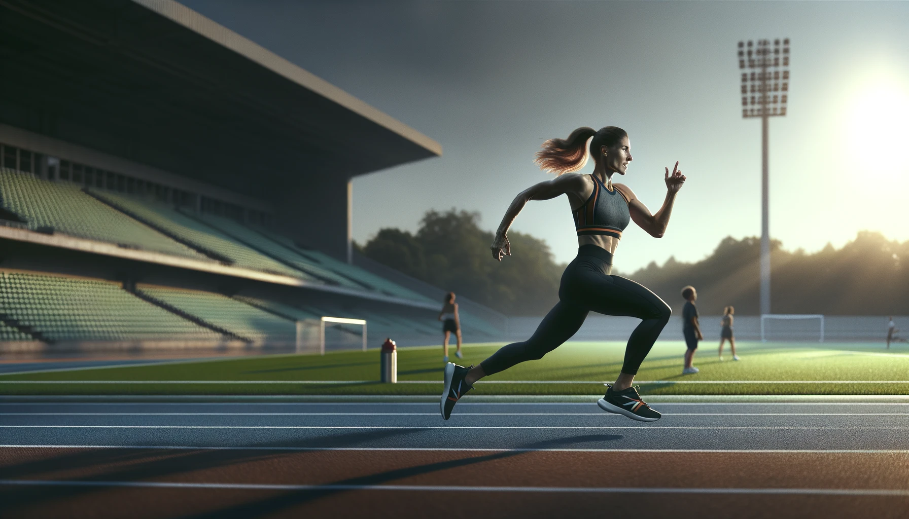 a sportswoman sprints with determination on a track in a stadium, bathed in the golden light of late afternoon.