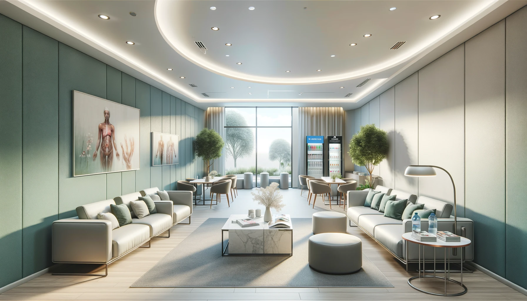 a surgical clinic lounge zone, designed with modern and tranquil aesthetics.