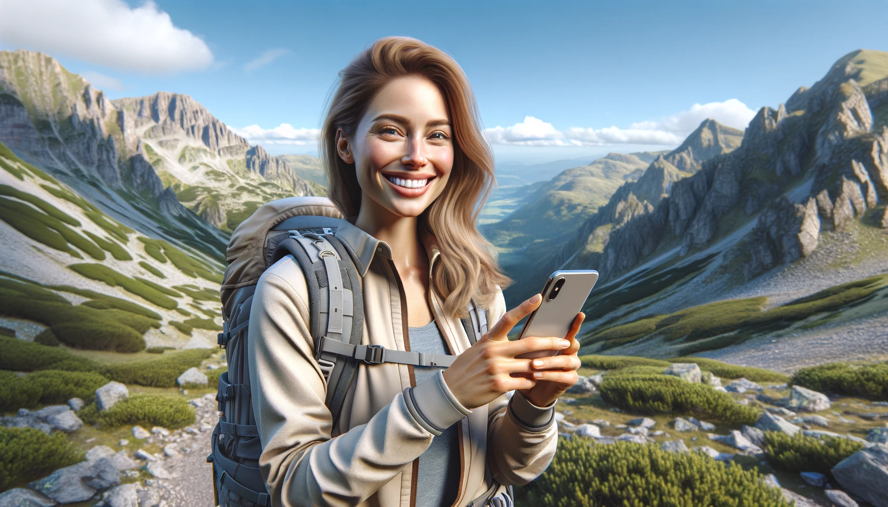 a smiling woman standing in the mountains, holding a smartphone in her hands. 