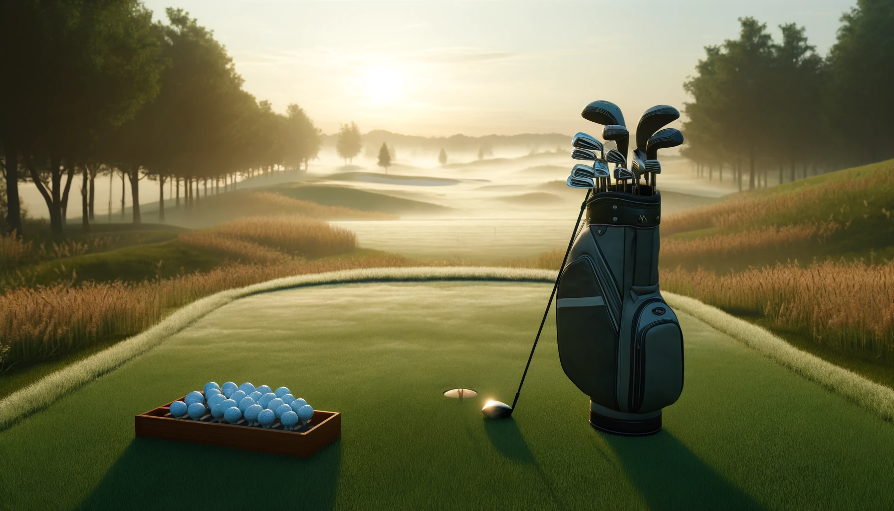 a golf course early in the morning, showing a setting with dew on the grass.