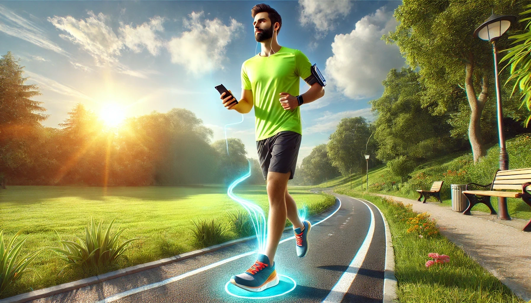 A satisfied man is running in smart sneakers with GPS technology.