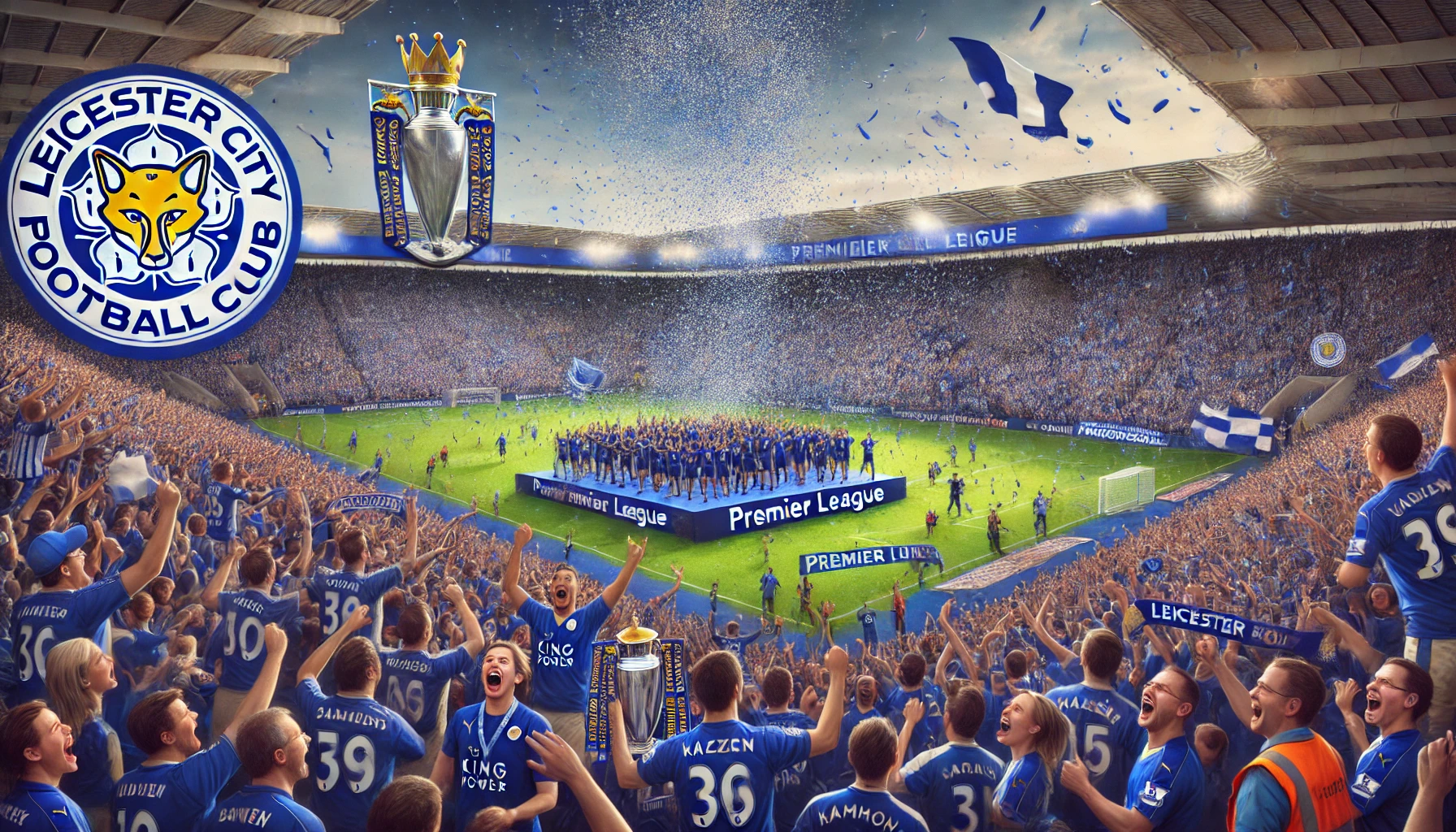 Leicester City's 2015-2016 Premier League victory celebration. The scene includes jubilant players in Leicester City uniforms, fans celebrating in the stands, and confetti raining down in the stadium.