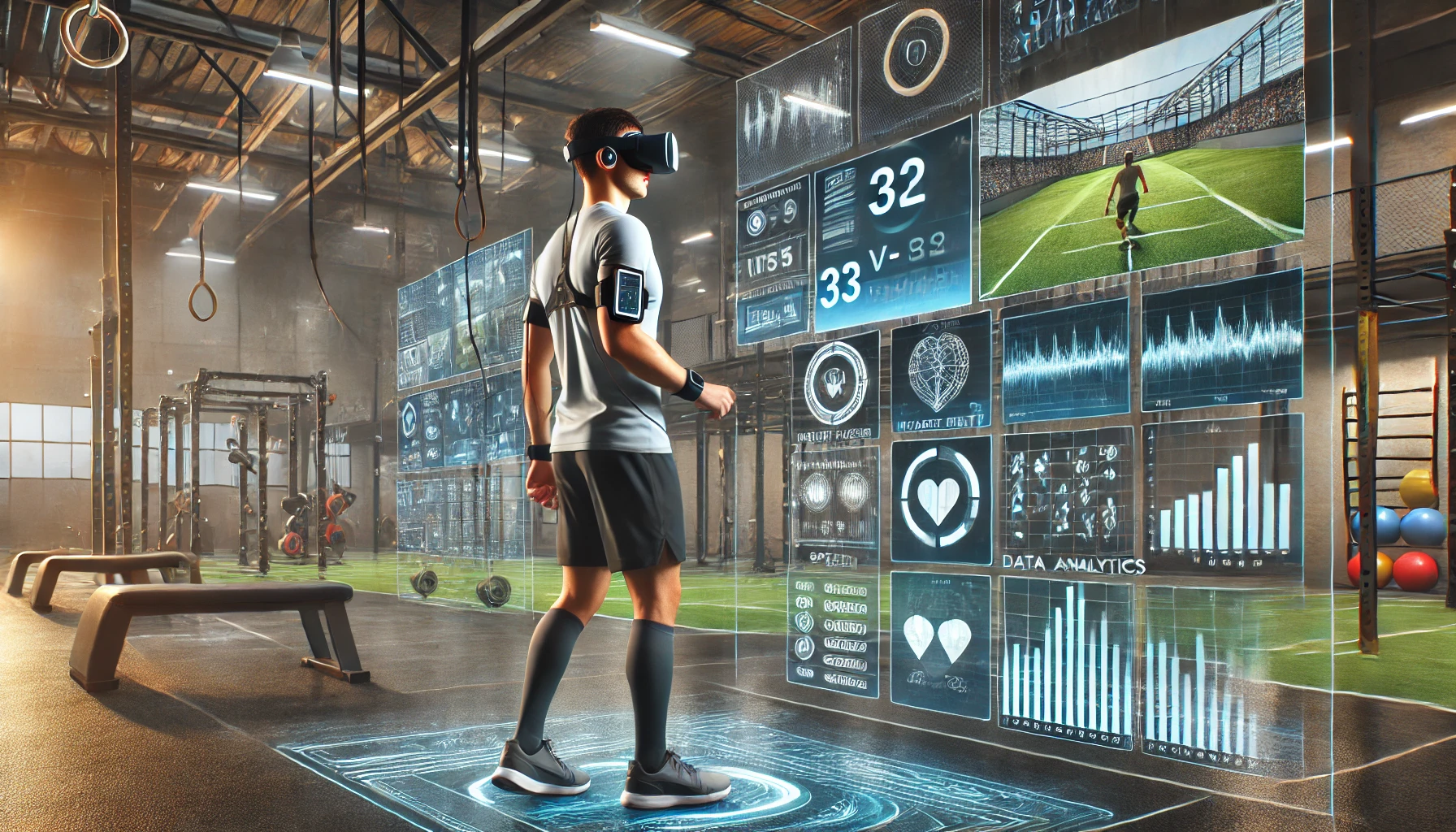 an athlete using modern technology during training, focusing on virtual reality and data analytics in a high-tech gym setting.