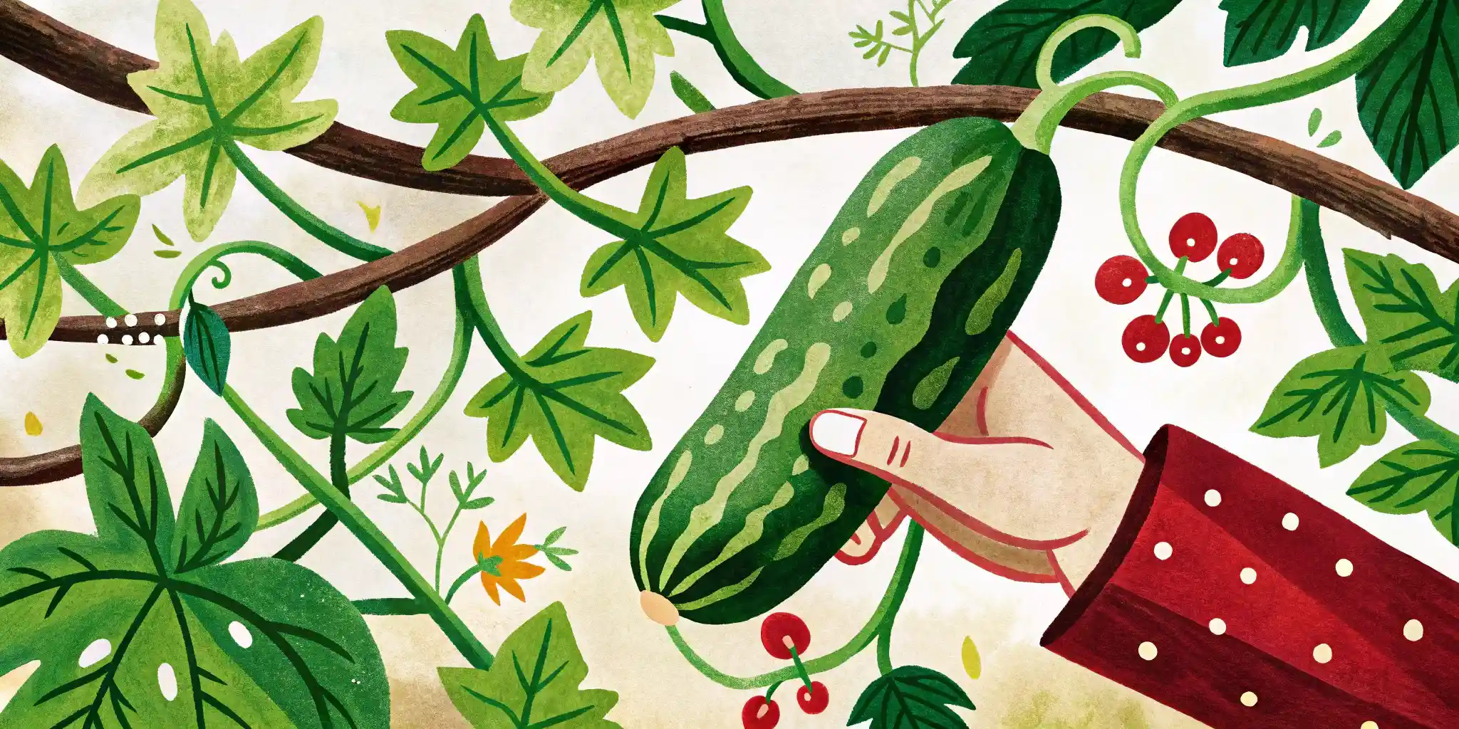 a hand tears a cucumber from a branch