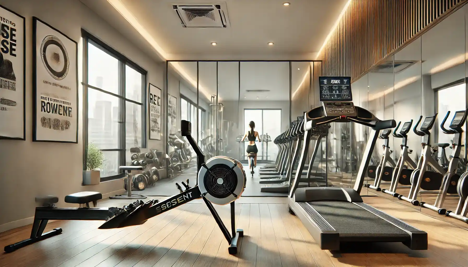 an indoor fitness scene, showcasing a treadmill, stationary bike, and a rowing machine in a well-equipped home gym.
