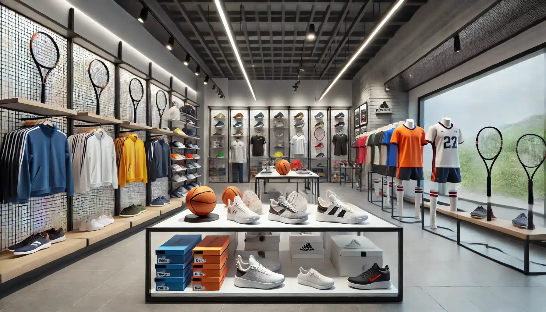 a modern sports store showcasing premium sporting goods, including neatly displayed footwear, apparel, and sports equipment like basketballs, rackets, and helmets.