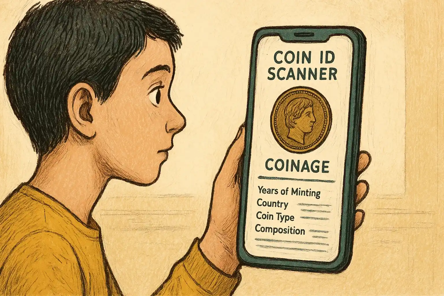 A boy learns about antique coinage from Coin ID Scanner.
