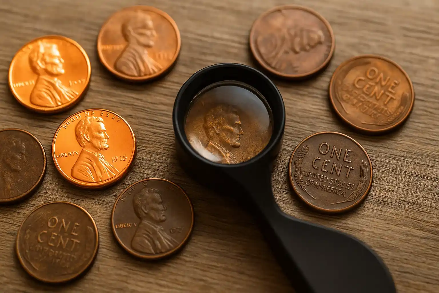 different pennies on a table next to a magnifying glass
