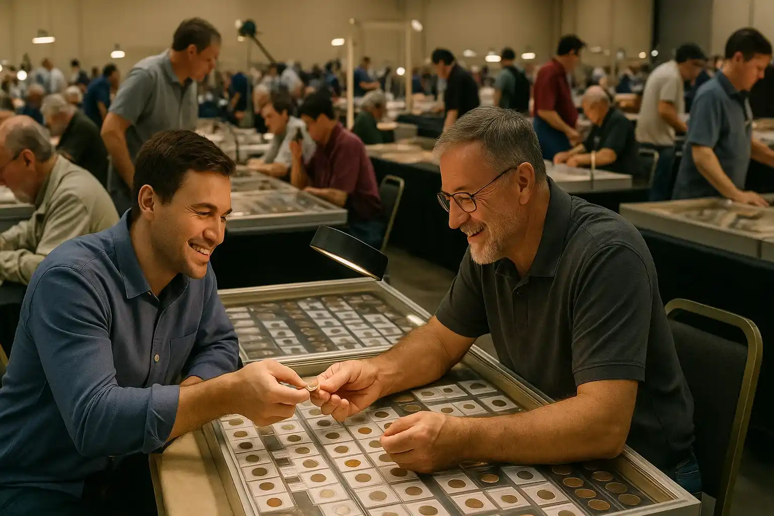 a bustling coin show scene where one dealer and collector smiling as they look at a coin together across a glass display case