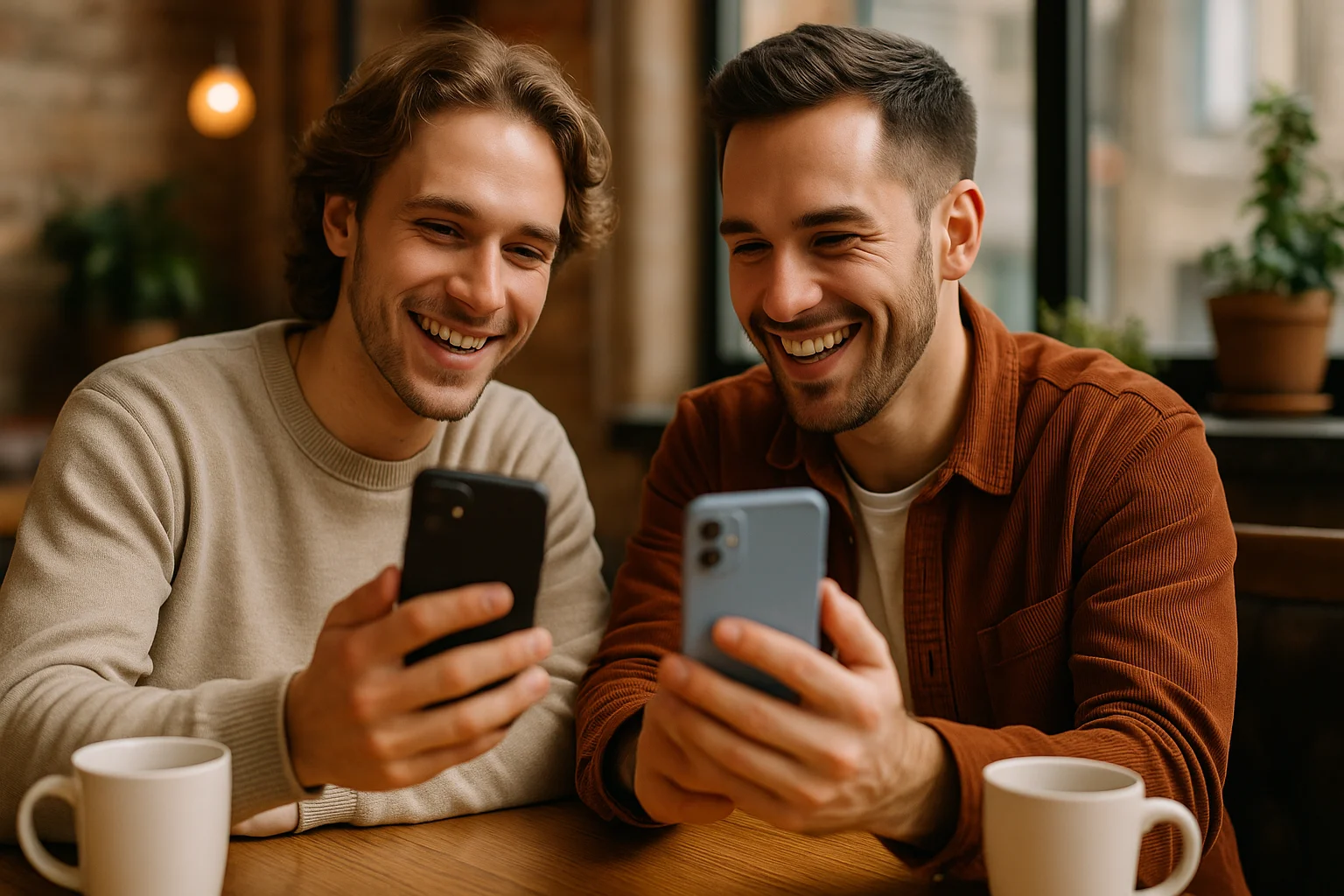 Two friends sit in a café smiling as they compare apps, one using Snapchat and the other a tracking app.