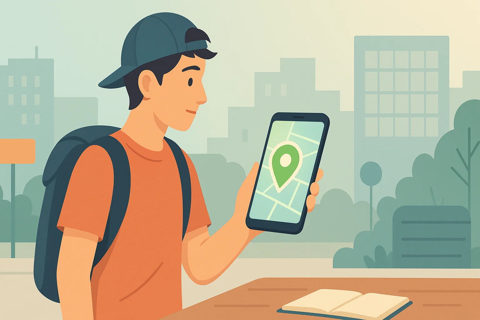 A traveller looks at a digital map on the map in a new city.
