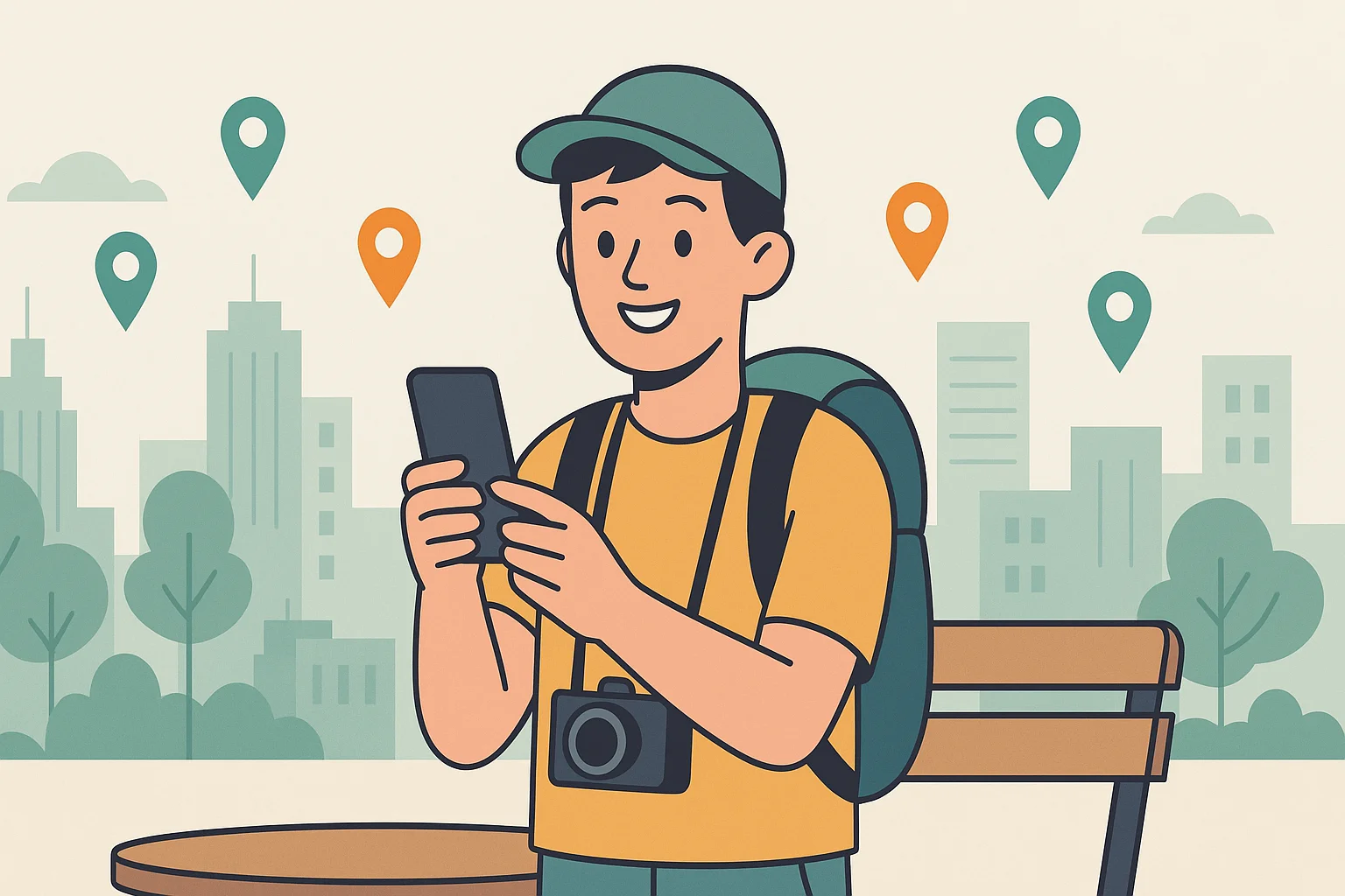 A traveler looks at multiple geo-tags in a new city.