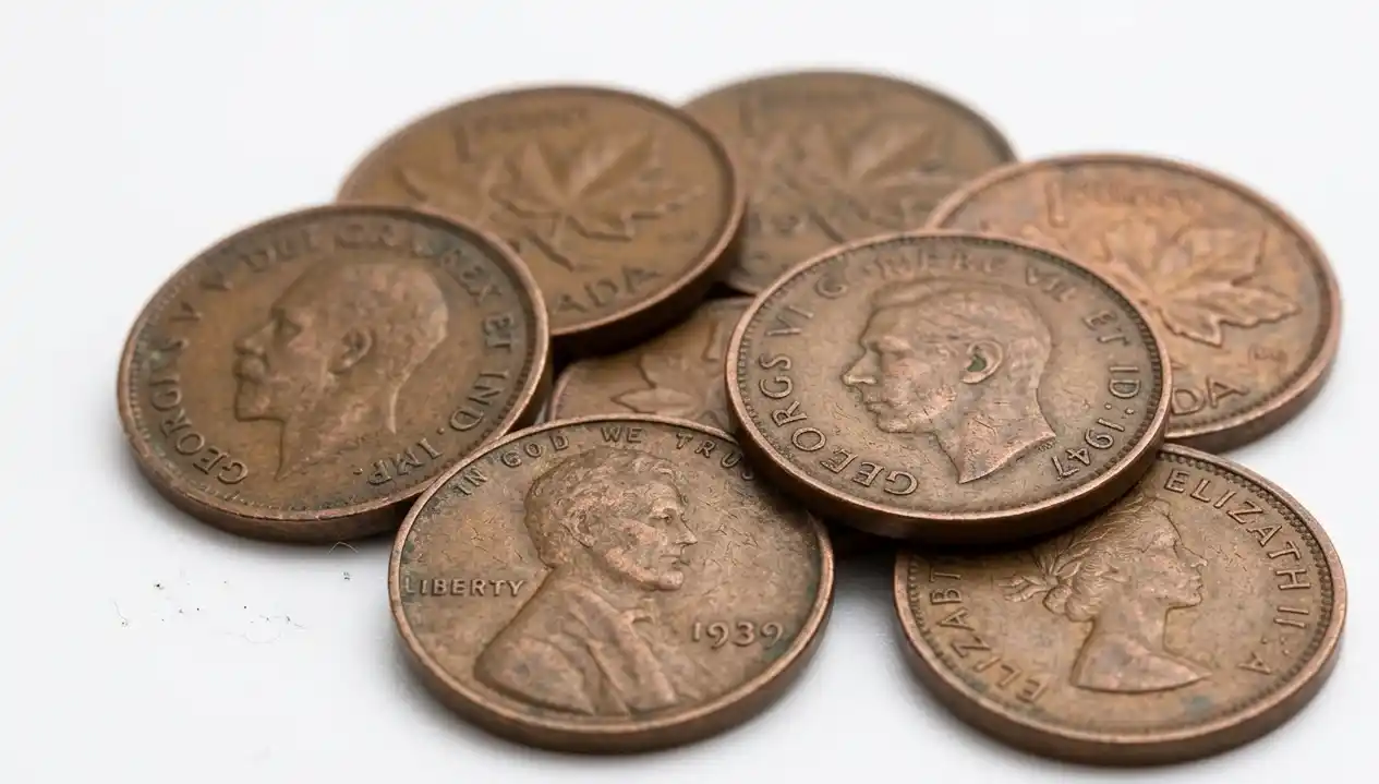 Close-up of multiple Canadian pennies slightly overlapping